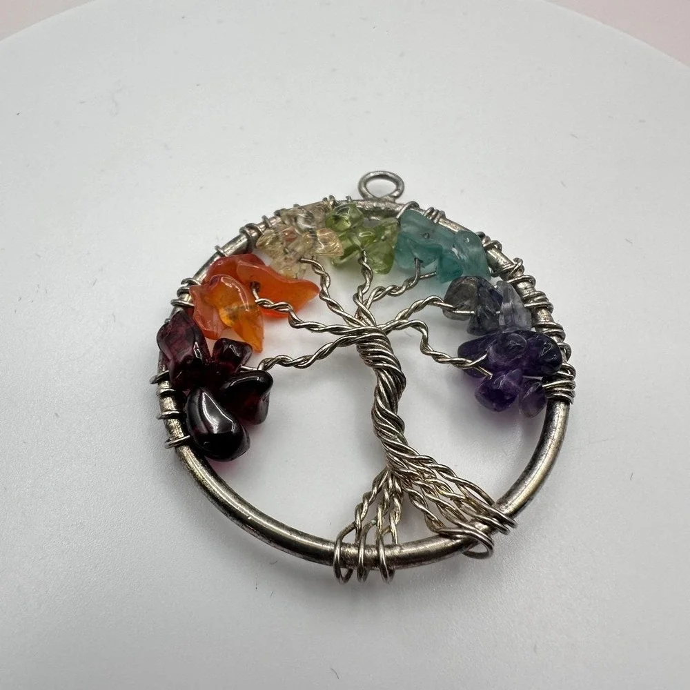 Vintage 90s Silver Tone Tree of‎ Life Pendant Beaded Women's Classic Jewelry